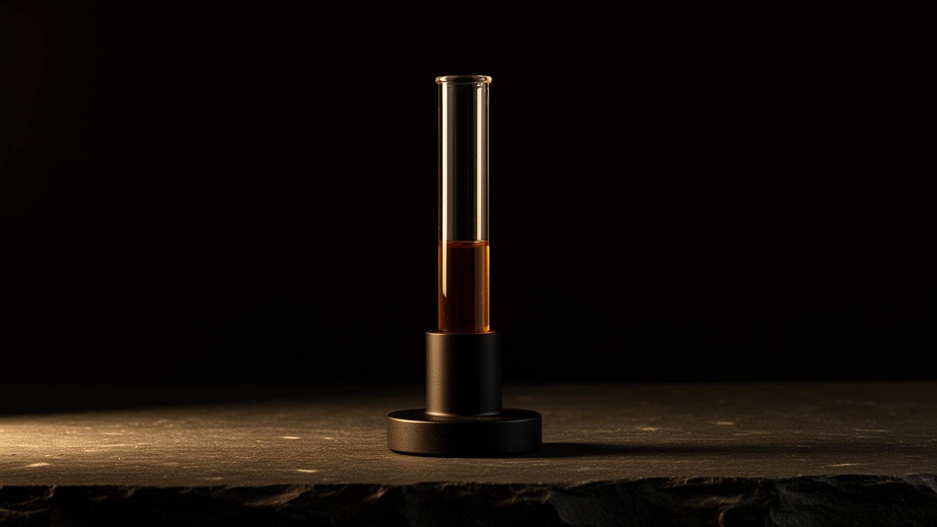 Slender amber-glass laboratory test tube on a stand in low warm light